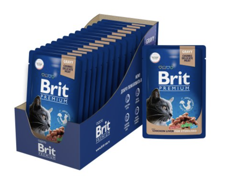 Brit Premium паучи для взрослых стерилизованных кошек с куриной печенью кусочки в соусе - 85 г х 14 шт