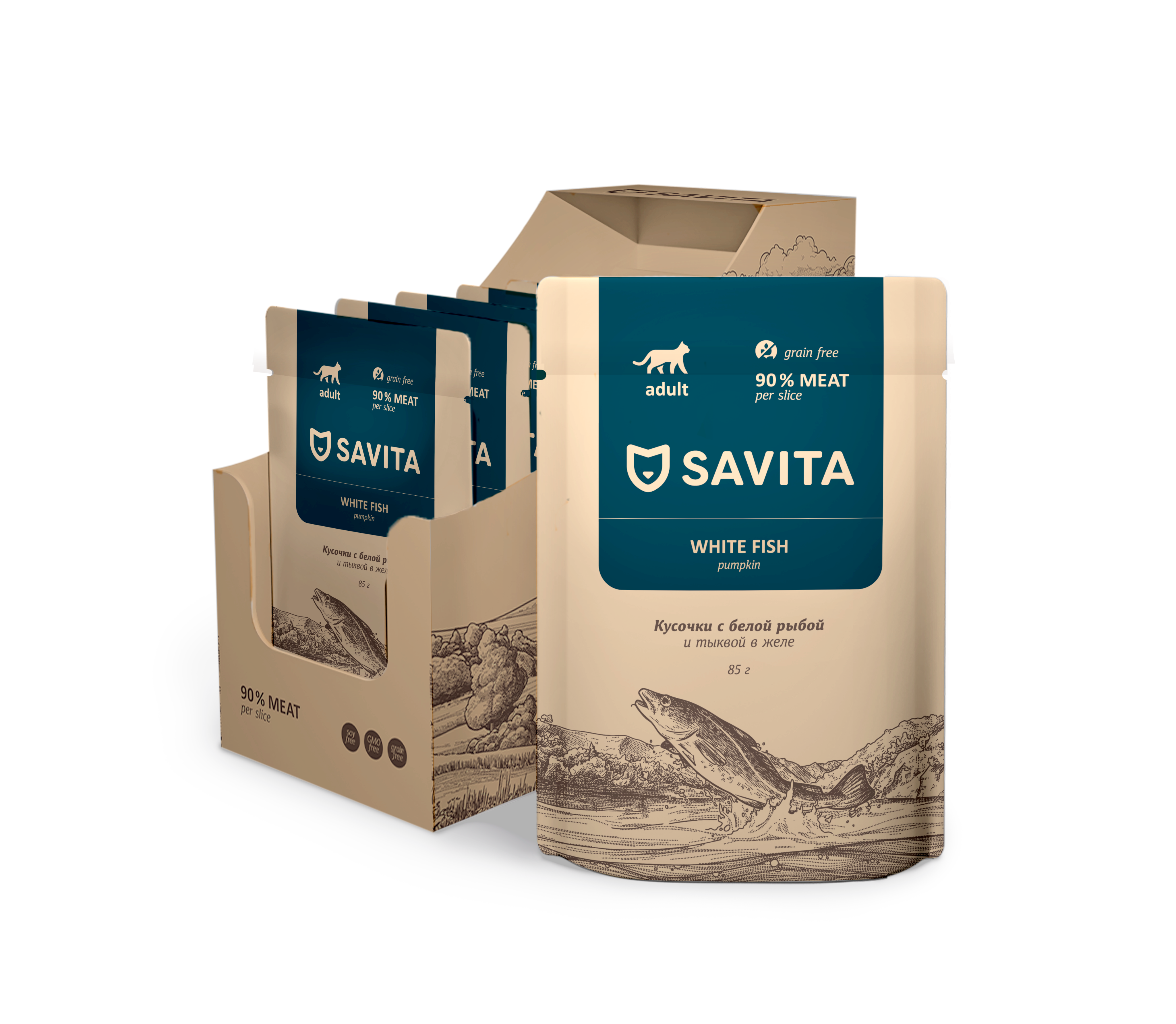 Savita Влажный корм для кошек белая рыба в желе 85гр -12шт