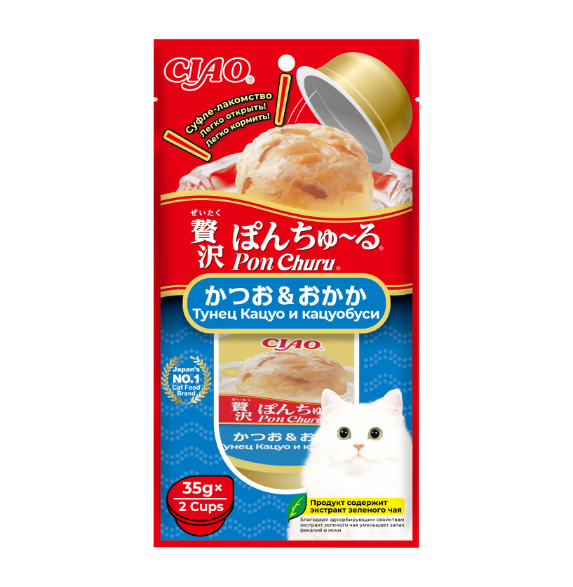 INABA  CIAO Pon Churu Лакомство суфле для кошек Тунец Кацуо и кацуобуси, 35 г х 2 шт. 4901133947520