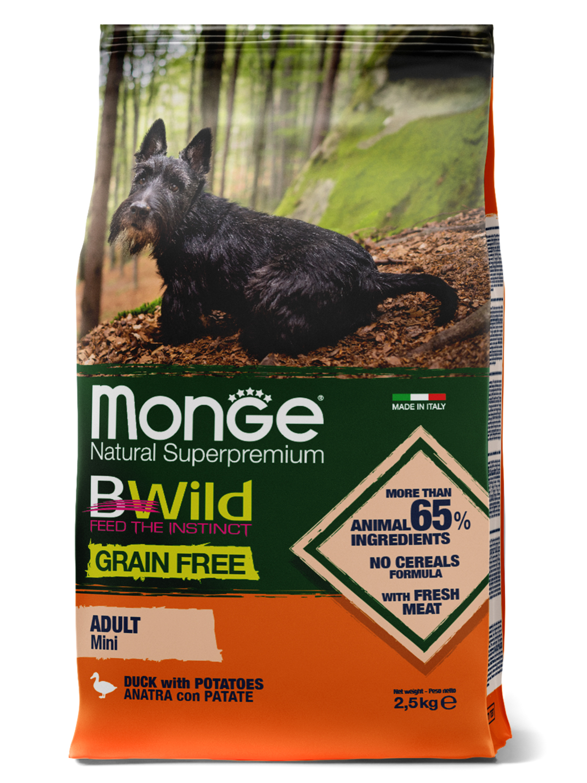 Сухой корм Monge Dog BWild GRAIN FREE Mini корм для взрослых собак мелких пород, беззерновой, из утки с картофелем 2,5 кг