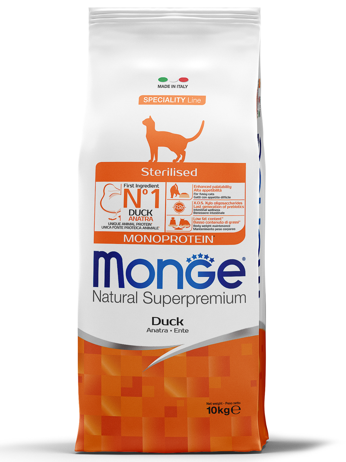 Сухой корм Monge Cat Speciality Line Monoprotein Sterilised для стерилизованных кошек, из утки 10 кг