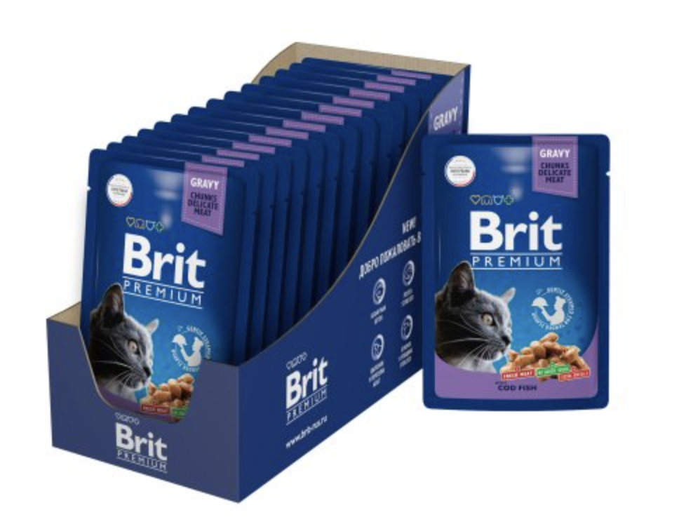 Brit Premium паучи для взрослых кошек с треской кусочки в соусе - 85 г х 14 шт