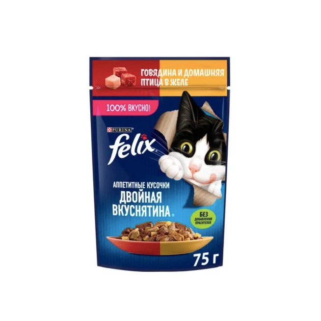 FELIX Влажный корм в желе для кошек, с говядиной и домашней птицей, 75гр