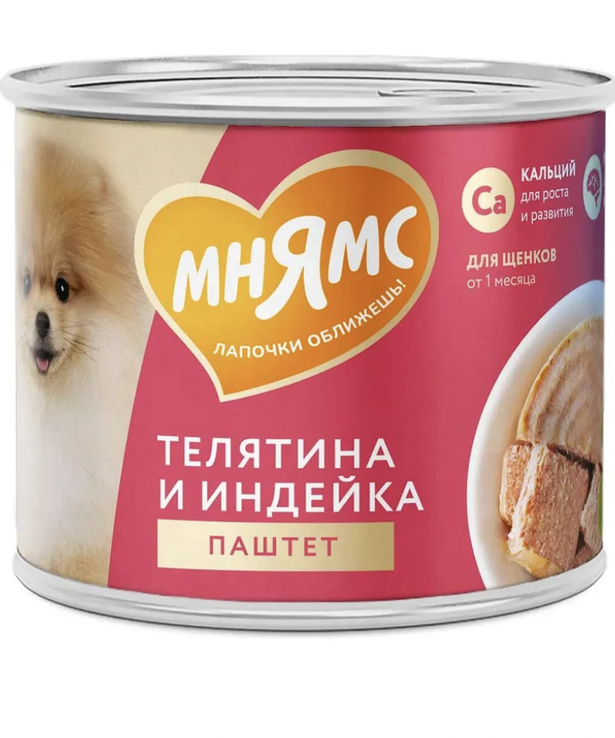Мнямс Влажный корм для щенков паштет из телятины и индейки 12шт по 200гр