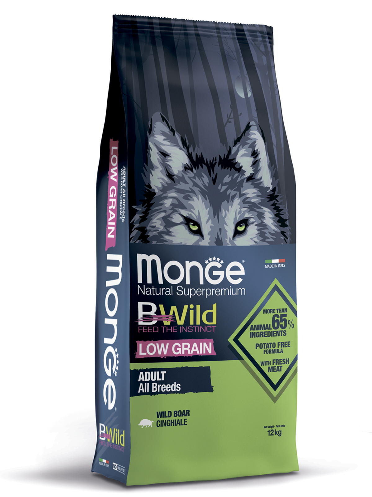 Сухой корм Monge Dog BWild LOW GRAIN для взрослых собак, низкозерновой, из мяса дикого кабана 12 кг