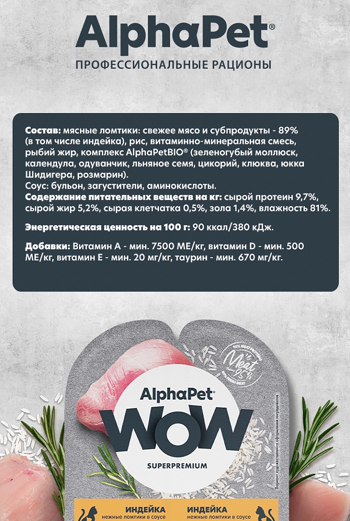AlphaPet Альфа Пет WOW Влажный корм для котят, беременных и кормящих кошек нежные ломтики в соусе Индейки 80г 4670064652376