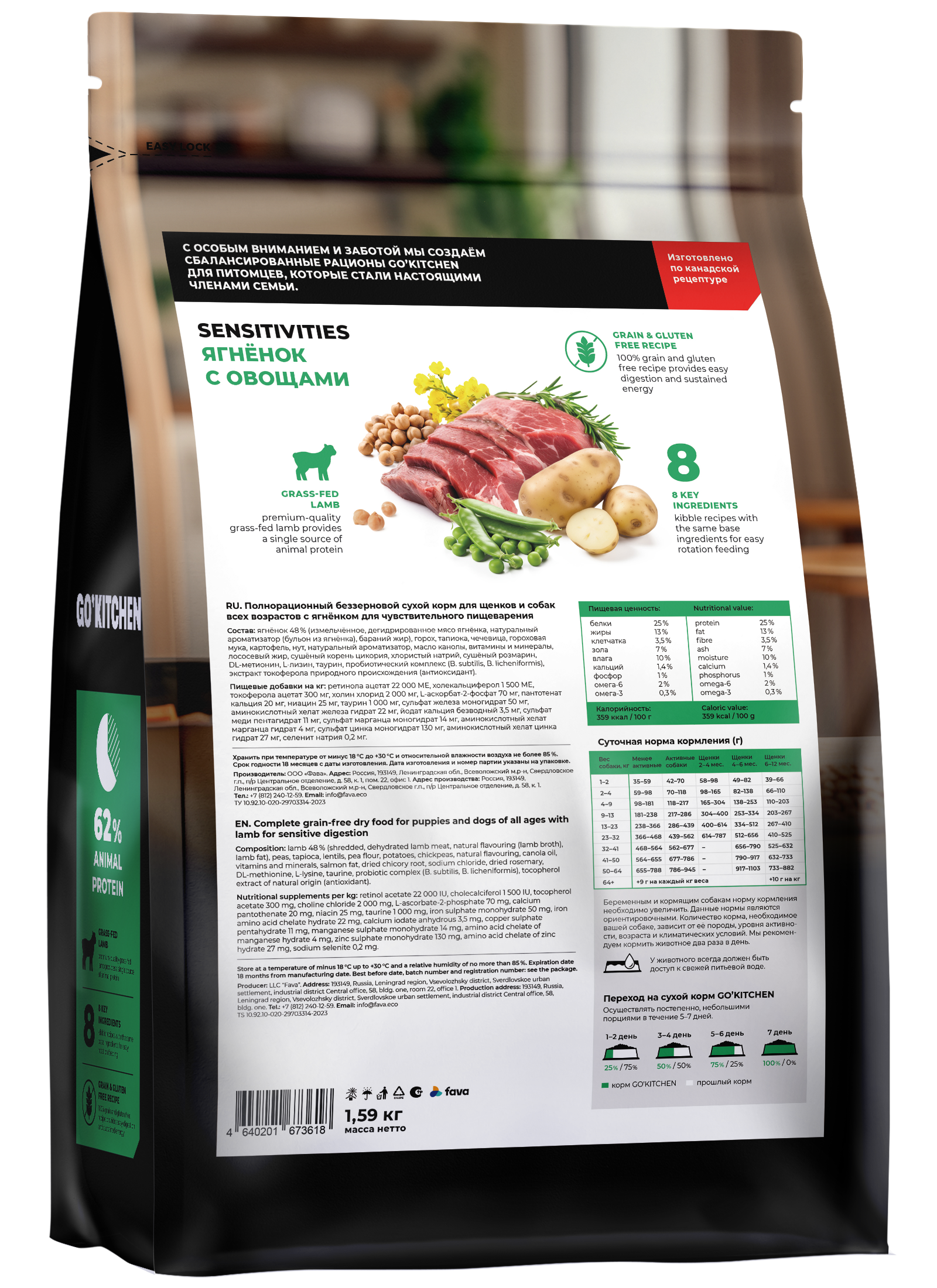 GO'KITCHEN Сухой беззерновой корм Sensitive для собак ягненок 1,59 кг 4640201673618
