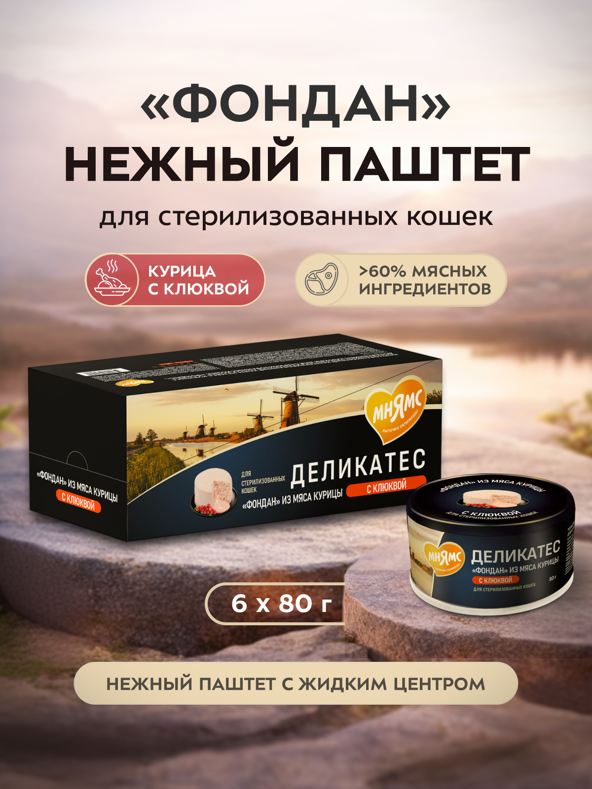 Влажный корм Мнямс Деликатес "Фондан" из мяса курицы с клюквой для стерилизованных кошек 80 г