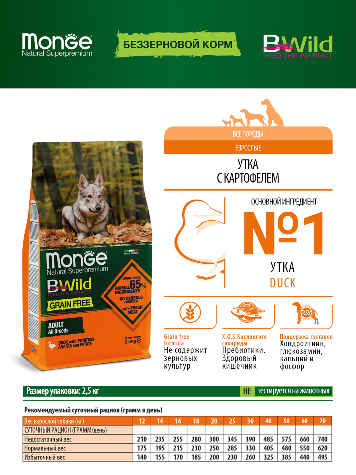 Сухой корм Monge Dog BWild GRAIN FREE для взрослых собак, беззерновой, утка с картофелем 2,5 кг