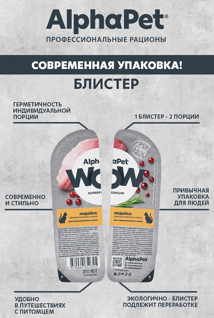 AlphaPet WOW Влажный корм для стерилизованных кошек, индейка в соусе, 80г 4670064652345