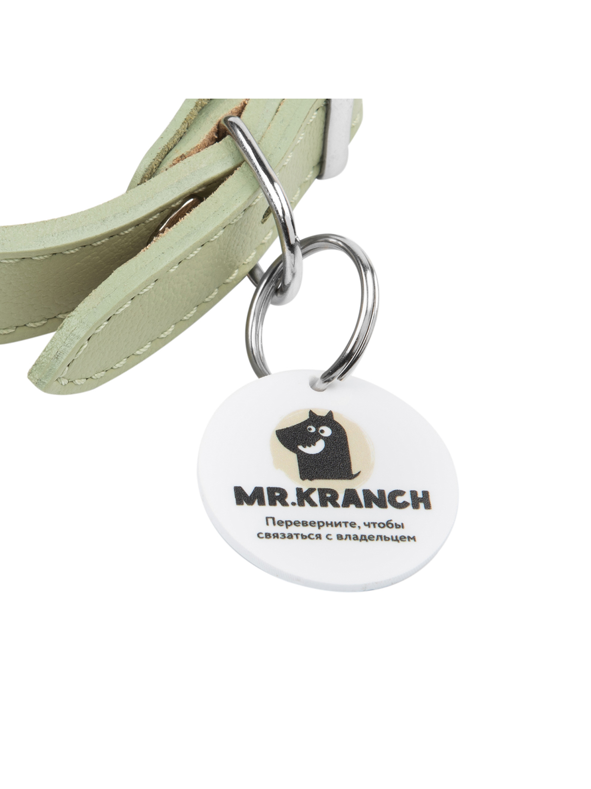 Ошейник Mr.Kranch для собак из натуральной кожи с QR-адресником, 22-26см, нежно-зеленый