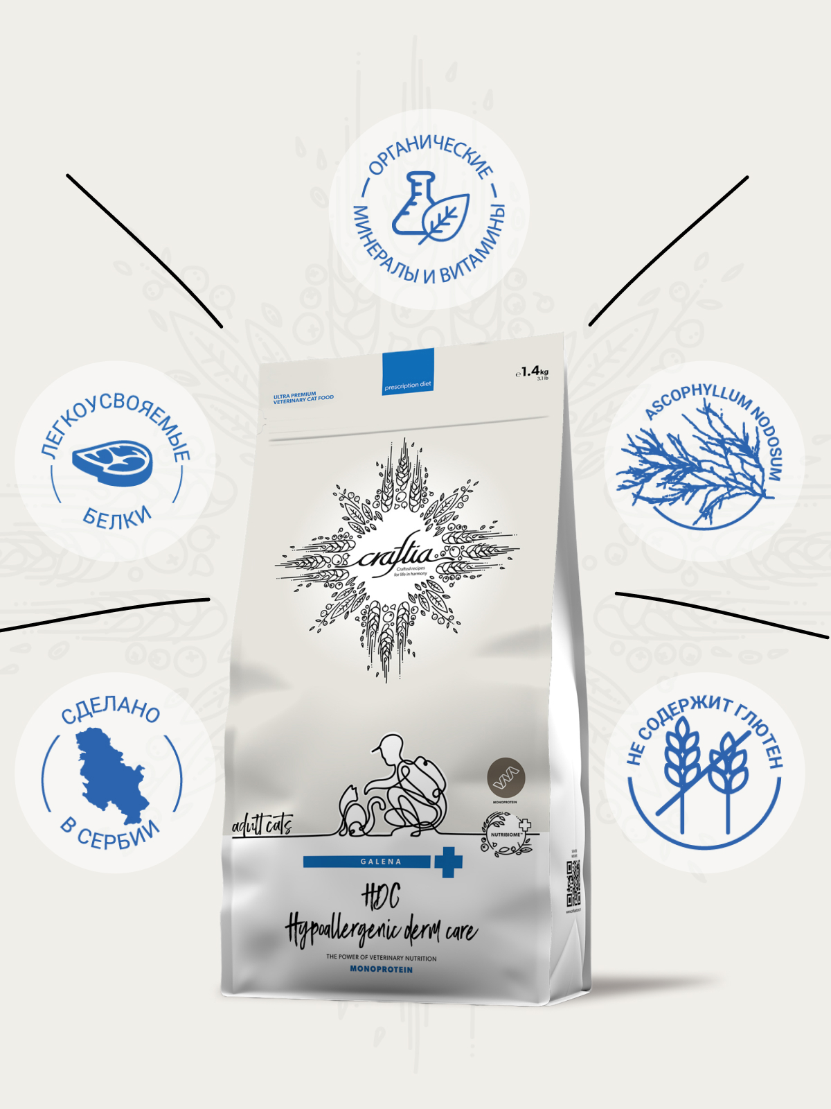 Ветеринарная диета CRAFTIA GALENA CAT HYPOALLERGENIC DERM CARE Гипоаллердженик Дерм для кошек при пищевой аллергии и заболеваниях кожи 1,4 кг