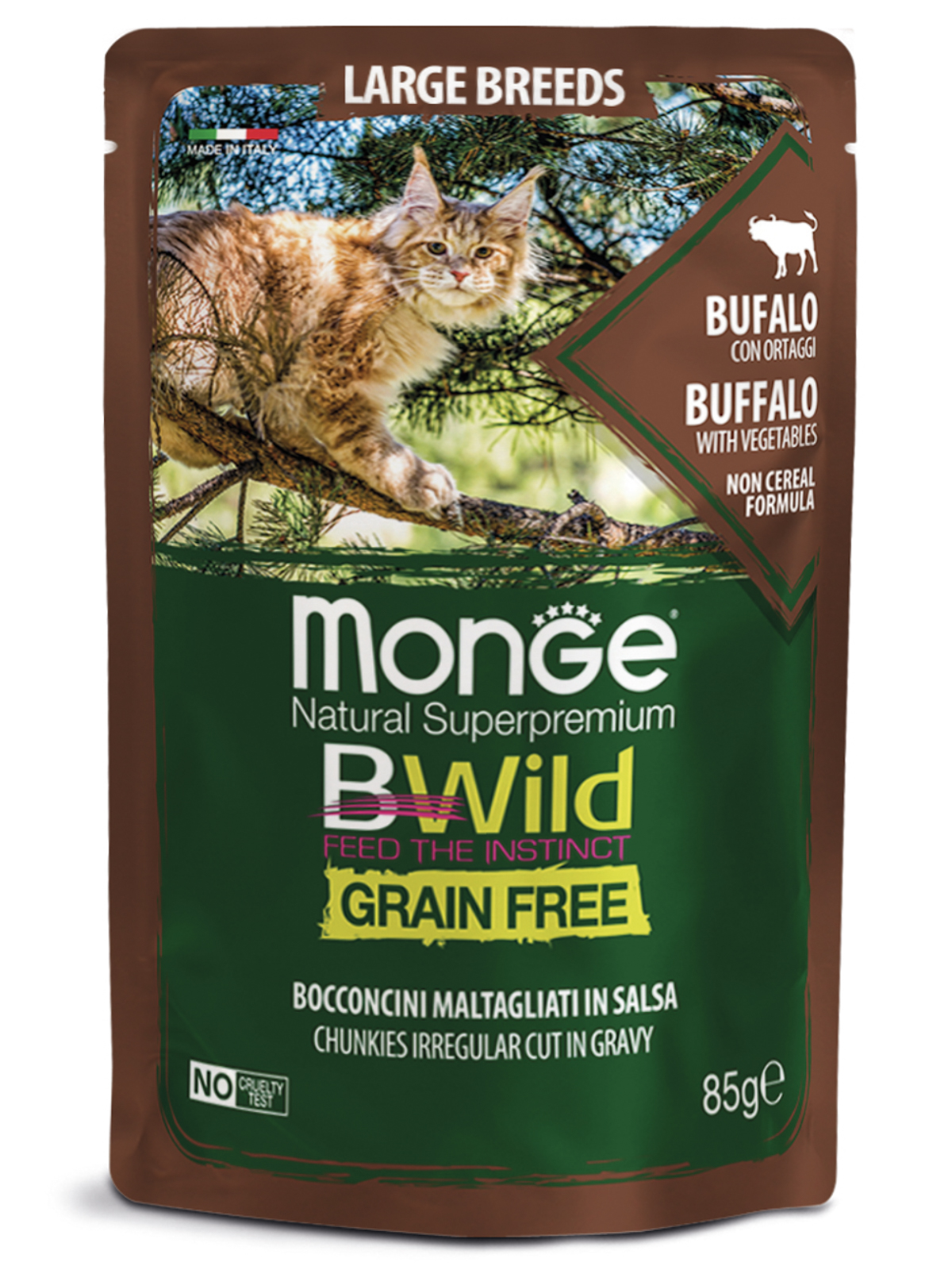 Влажный корм Monge Cat BWild GRAIN FREE для котят и кошек крупных пород, из мяса буйвола с овощами, паучи 85 г -28 шт