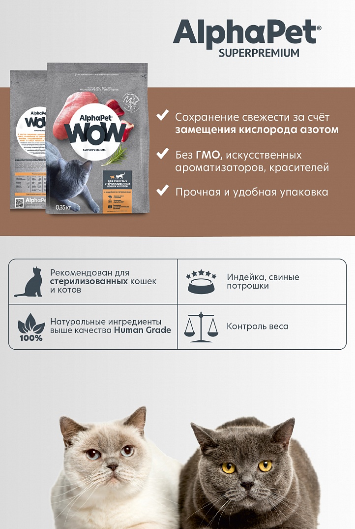 AlphaPet Альфа Пет WOW Сухой корм для стерилизованных кошек с индейкой и потрошками 1,5 кг 4670064650808