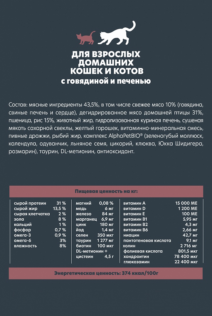 AlphaPet Альфа Пет WOW Сухой корм для домашних кошек с говядиной и печенью 750 г 4670064650822