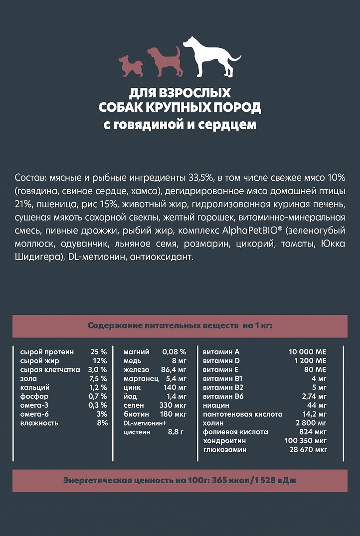 AlphaPet Альфа Пет WOW сухой для собак крупных пород с Говядиной и сердцем 15кг 4670064652116