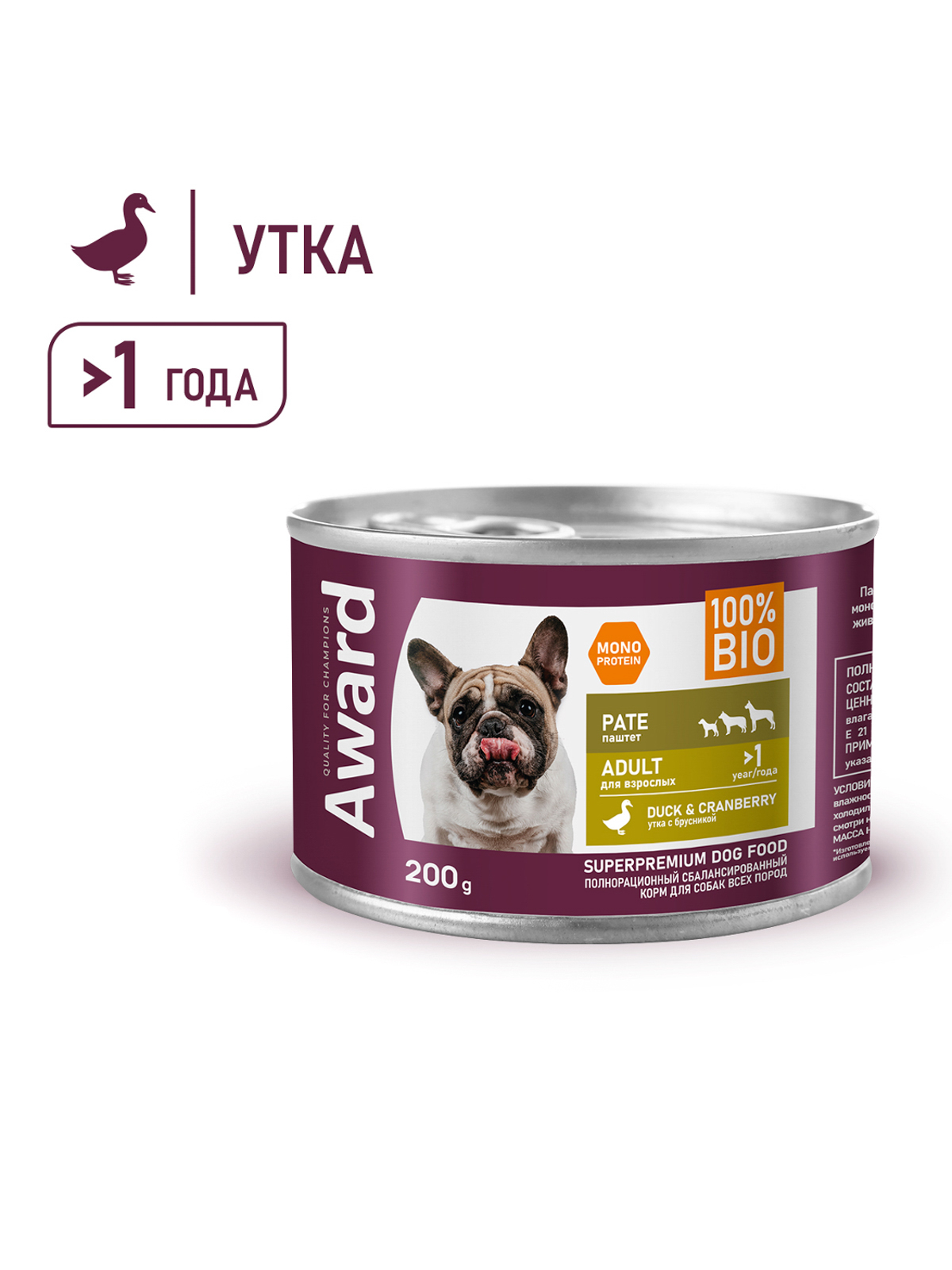 Влажный корм AWARD для взрослых собак паштет из утки с брусникой 200г