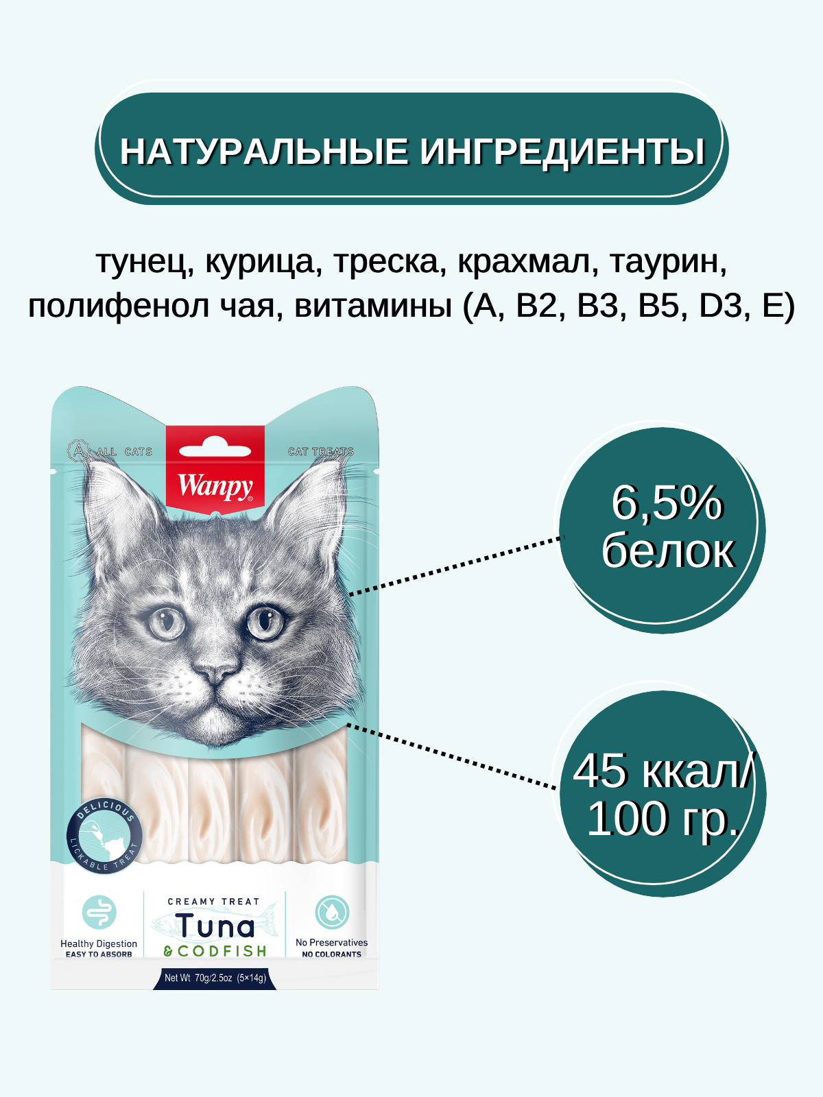 Wanpy Cat Лакомство для кошек «нежное пюре» из тунца и трески 70 г