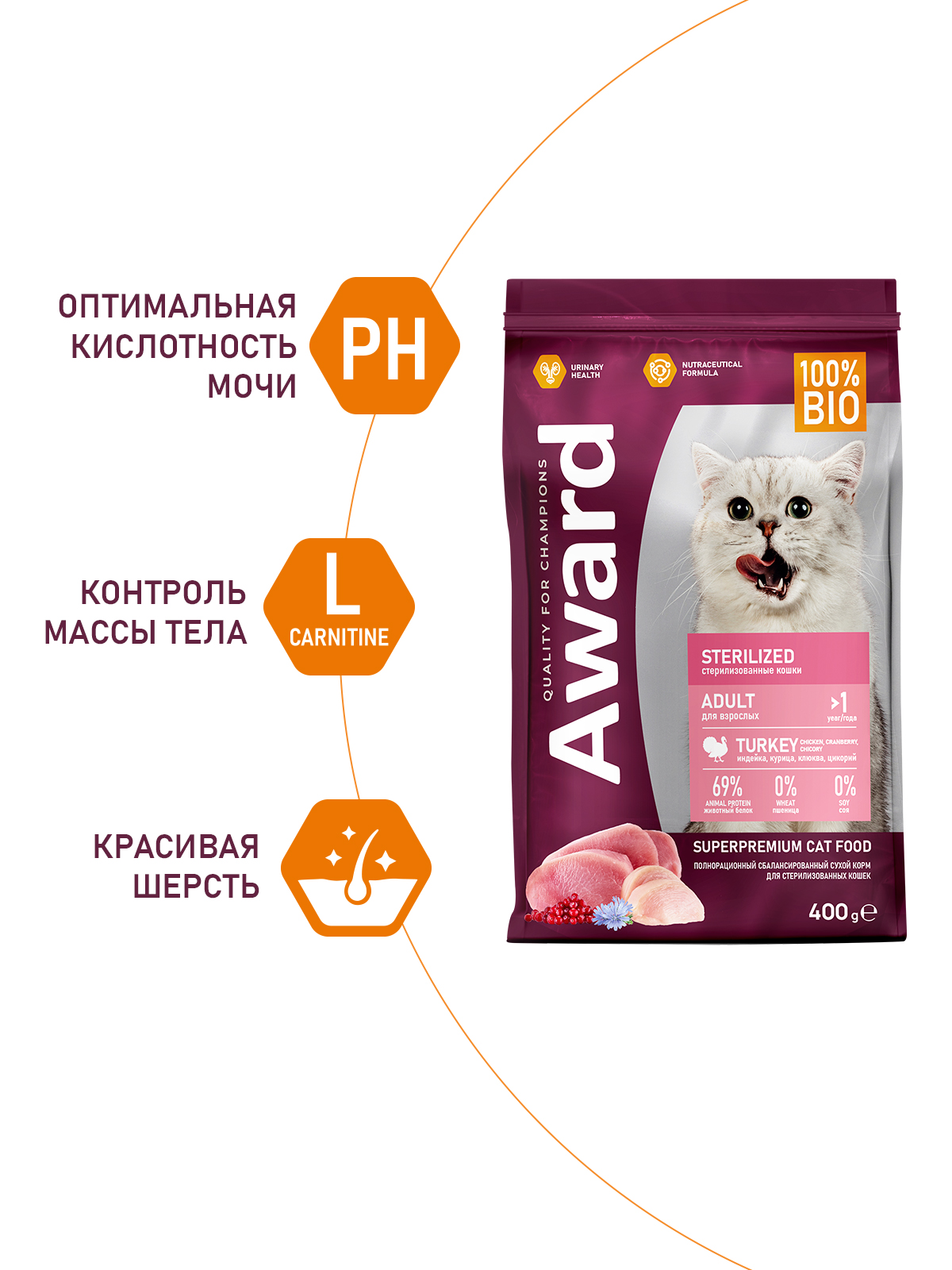 Сухой корм AWARD Sterilized для взрослых стерилизованных кошек с индейкой и курицей с добавлением клюквы и цикория 400г