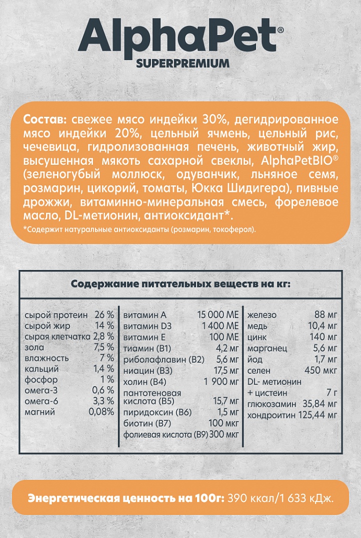 AlphaPet MONOPROTEIN Сухой корм из индейки для собак мелких пород 1,5 кг 4670064652659