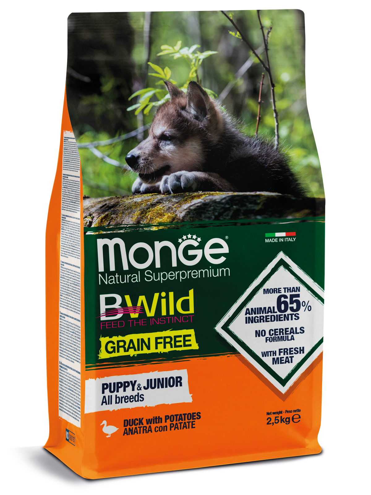 Сухой корм Monge Dog BWild GRAIN FREE Puppy & Junior для щенков, беззерновой, из мяса утки с картофелем 2,5 кг