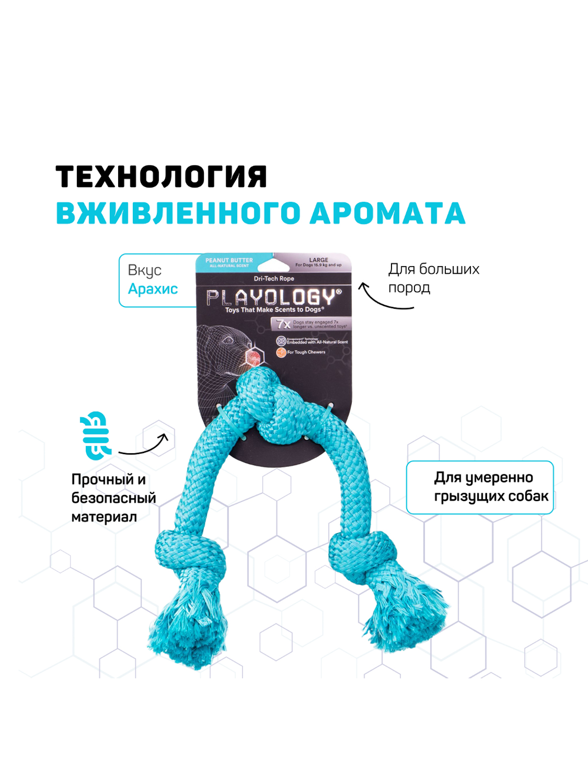Playology жевательный канат DRI-TECH ROPE для собак средних пород с ароматом арахиса, средний, цвет голубой