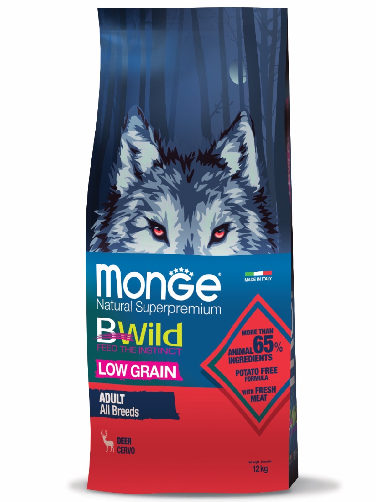 Сухой корм Monge Dog BWild LOW GRAIN для взрослых собак, низкозерновой, из мяса оленя 12 кг