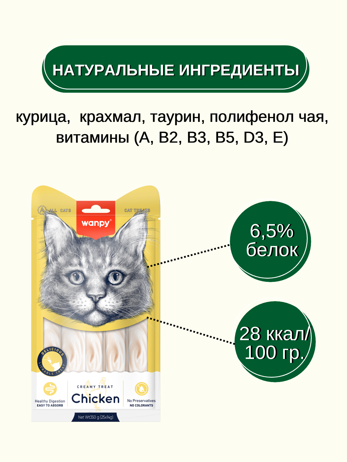 Wanpy Cat Лакомство для кошек нежное пюре из курицы 25 шт х14 г