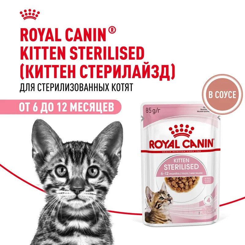 Влажный корм Royal Canin Kitten Sterilised для стерилизованных котят в возрасте от 6 до 12 мес. мелкие кусочки в соусе 85гр