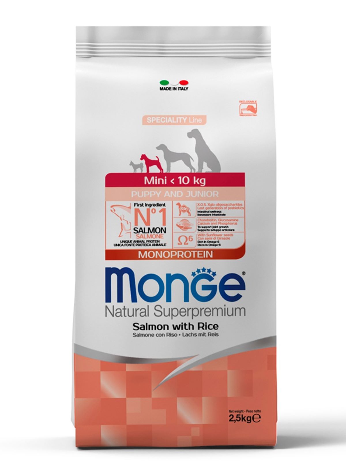 Сухой корм Monge Dog Speciality Line Monoprotein для щенков мелких пород, из лосося с рисом 2,5 кг
