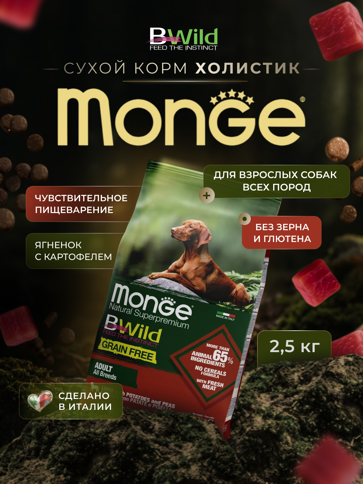 Сухой корм Monge Dog BWild GRAIN FREE для собак, беззерновой, из мяса ягненка с картофелем 2,5 кг