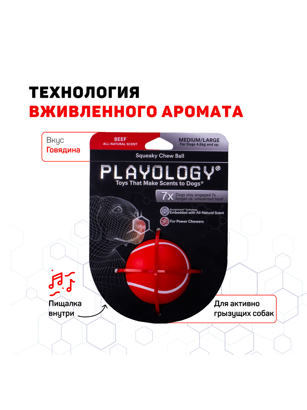 Playology  жевательный мяч SQUEAKY CHEW BALL 6 см для собак мелких и средних пород с пищалкой и с ароматом говядины, цвет красный