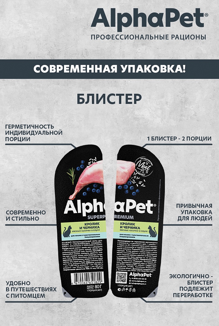 AlphaPet Влажный корм для кошек с чувствительным пищеварением с кроликом и черникой 80г-15шт