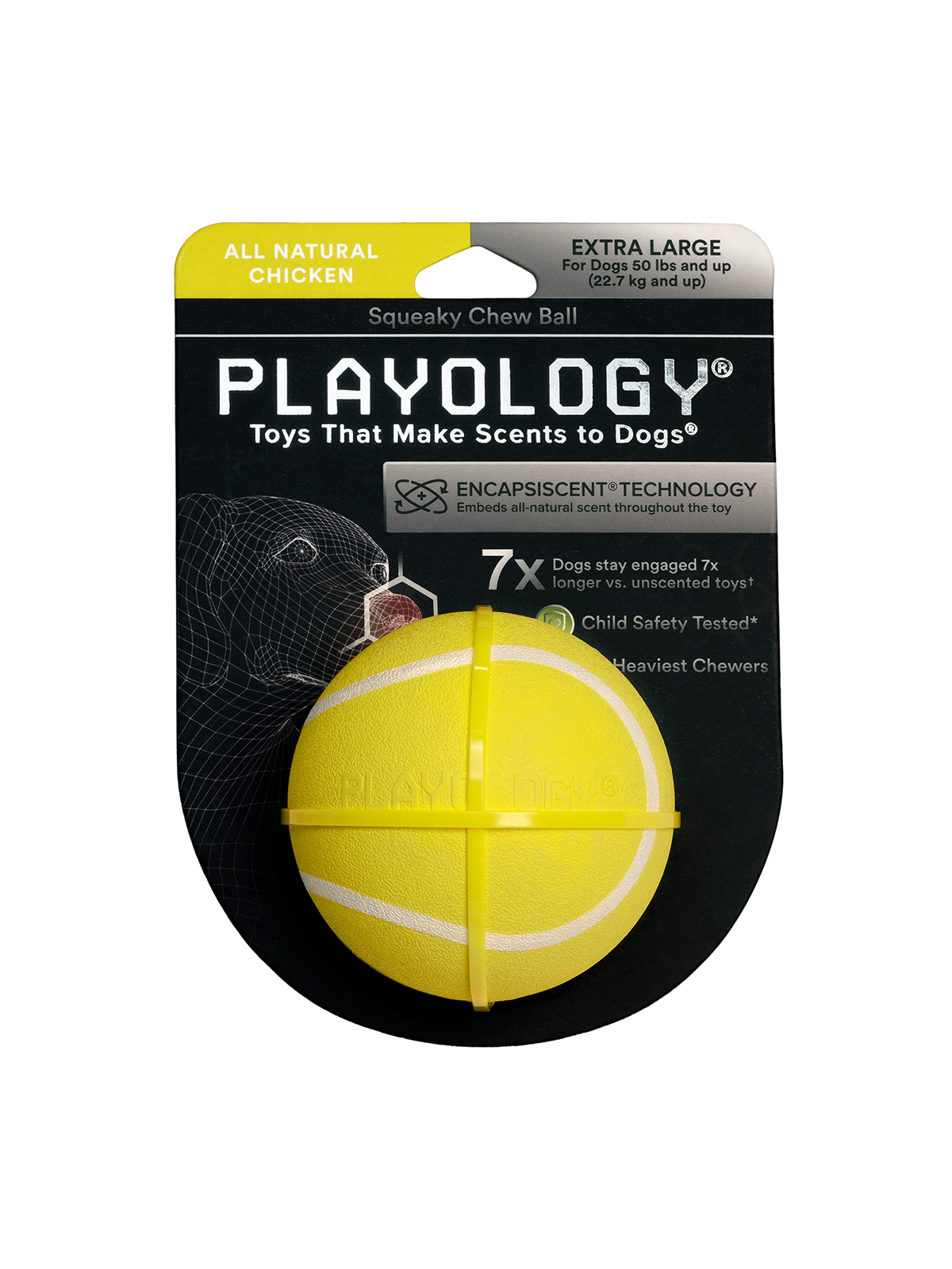 Playology жевательный мяч SQUEAKY CHEW BALL 8 см для собак средних и крупных пород с пищалкой и с ароматом курицы, цвет желтый