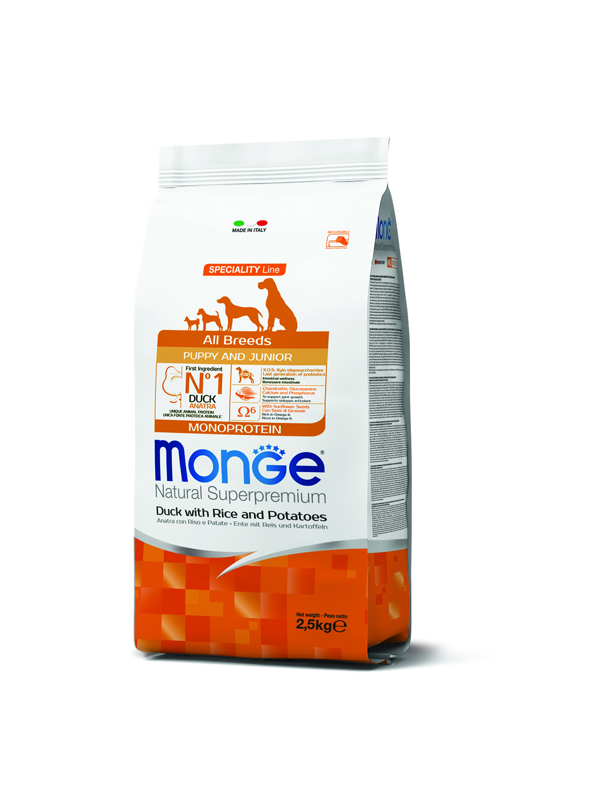 Сухой корм Monge Dog Speciality Line Monoprotein для щенков всех пород, из утки с рисом и картофелем 2,5 кг