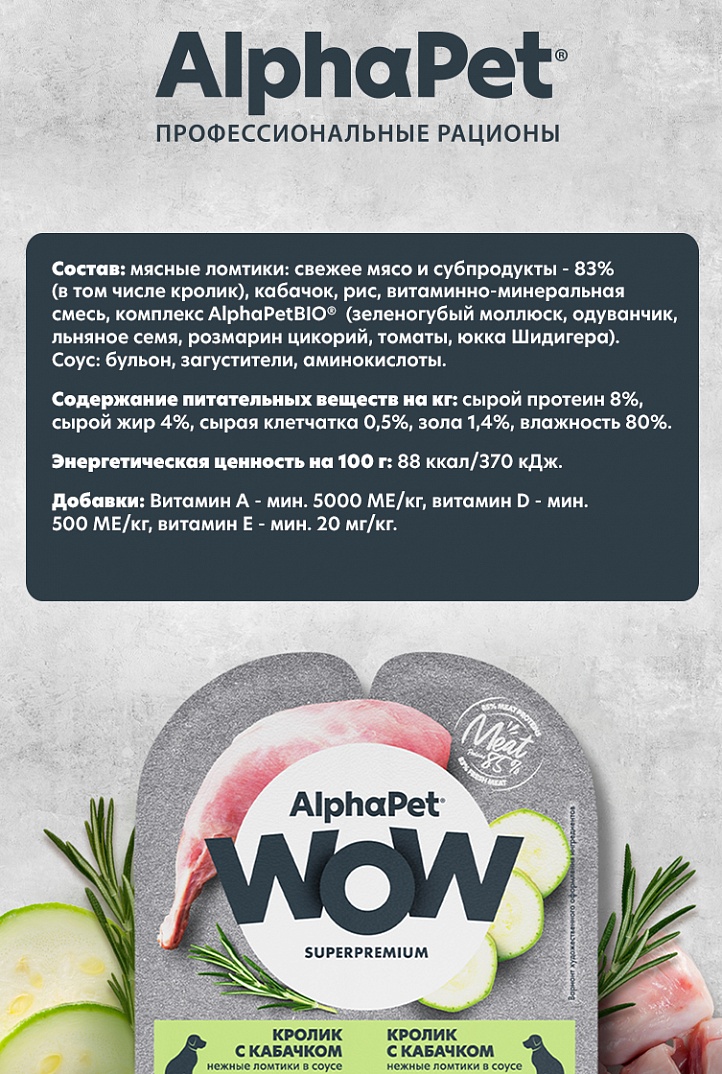 AlphaPet WOW Superpremium Влажный корм для собак с кроликом и кабачком 100 г