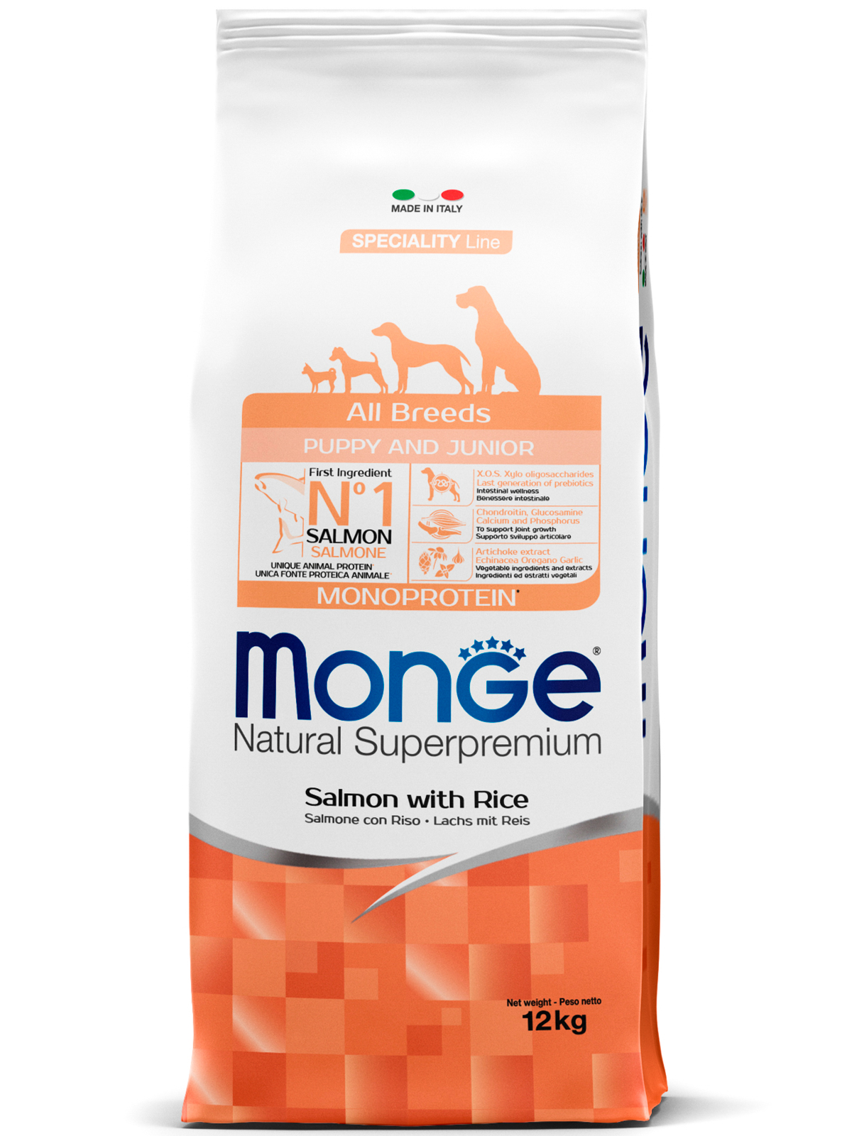 Сухой корм Monge Dog Speciality Line Monoprotein Puppy&Junior для щенков всех пород, из лосося с рисом 12 кг