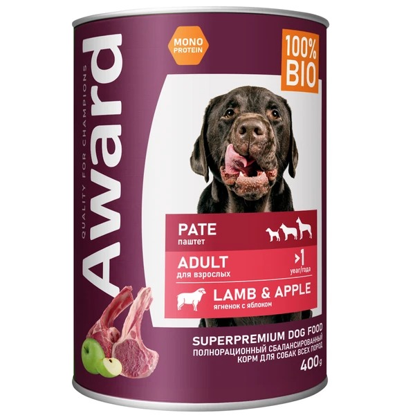 AWARD Влажный корм для собак паштет из ягненка с яблоком 12шт-400г 4620202540553