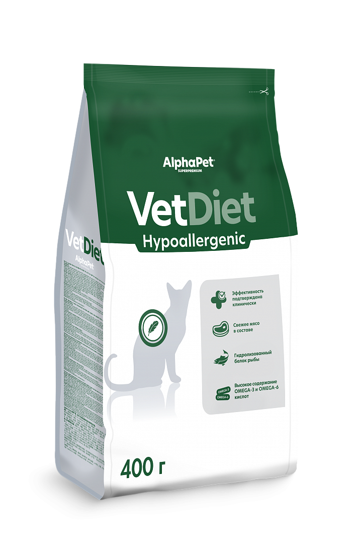 AlphaPet VetDiet Hypoallergenic Сухой корм для кошек при пищевой аллергии с белой рыбой 400 г