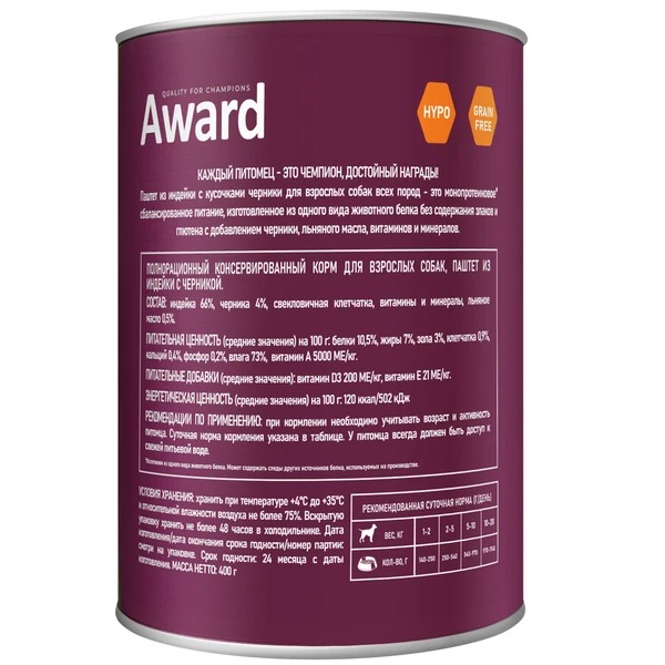 AWARD Влажный корм для собак паштет индейка с черникой 12шт-400г 4620202540577