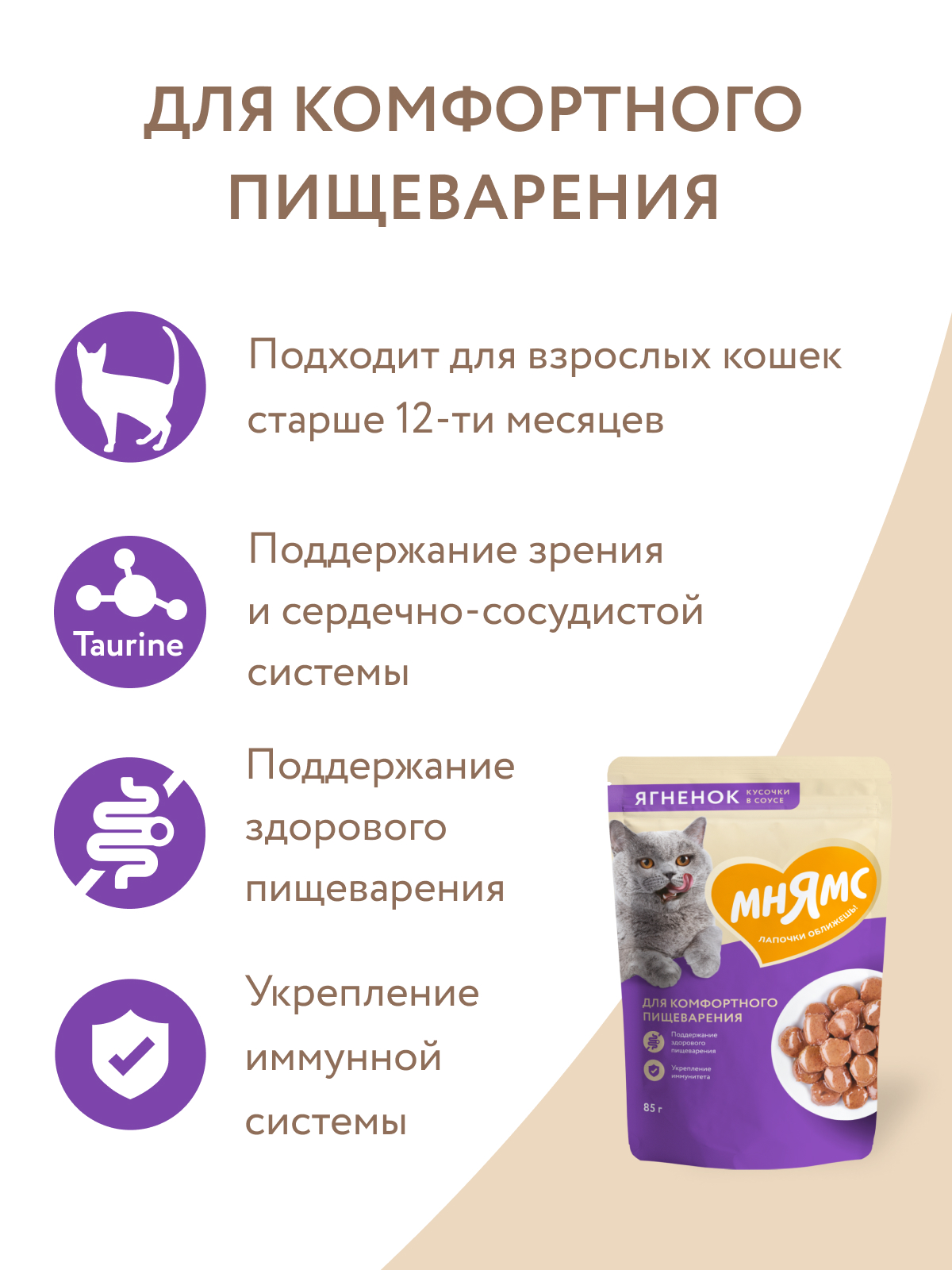 Мнямс Влажный корм для комфортного пищеварения у кошек, кусочки в соусе с ягненком,  85 г