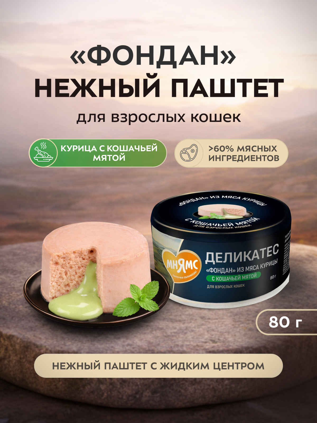 Влажный корм Мнямс Деликатес "Фондан" из мяса курицы с кошачьей мятой для кошек 80 г