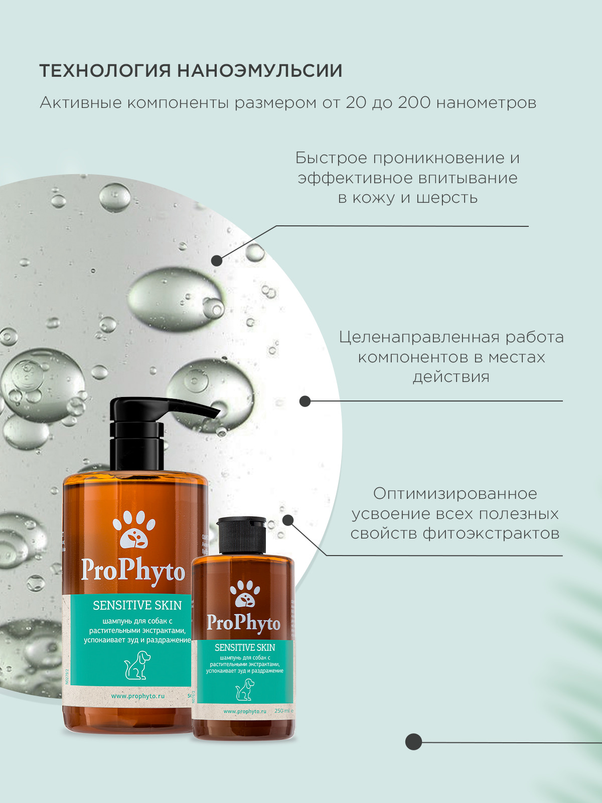 Жидкий шампунь ProPhyto SENSITIVE SKIN SHAMPOO для собак с растительными экстрактами против зуда и раздражения, 250 мл