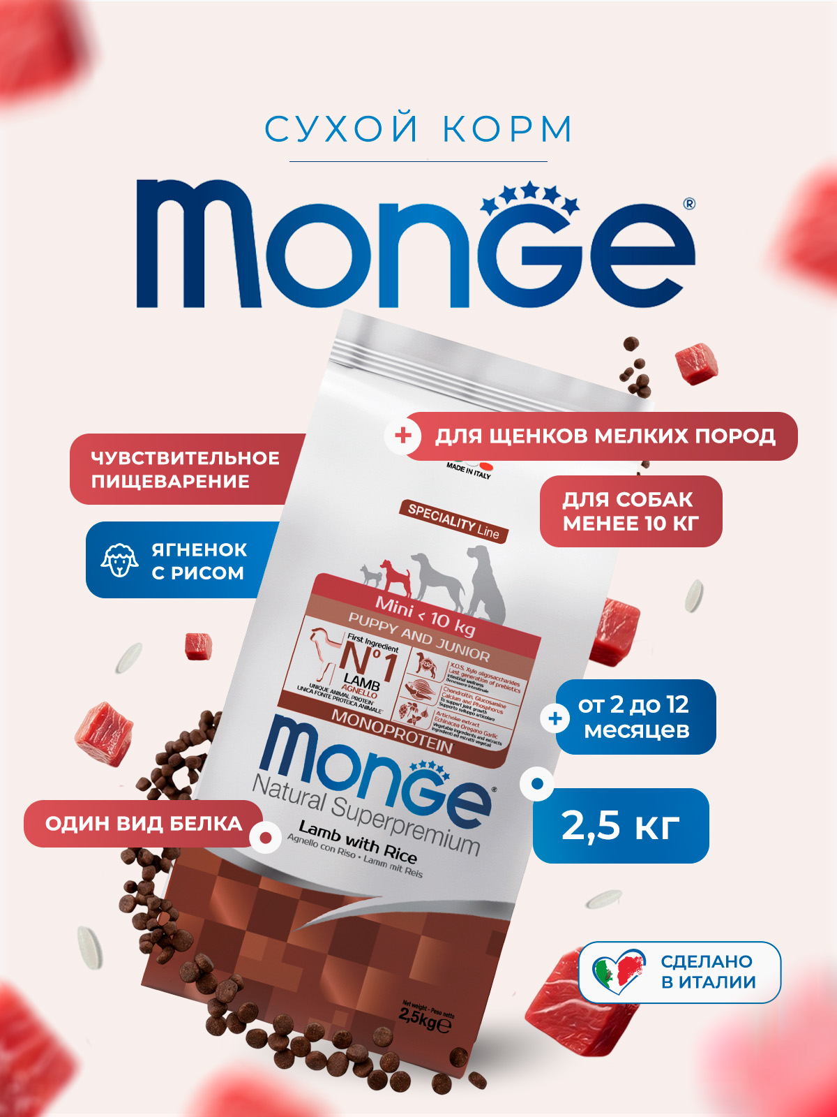 Сухой корм Monge Dog Speciality Line Monoprotein Mini для щенков и беременных собак мелких пород, из ягненка с рисом 2,5 кг