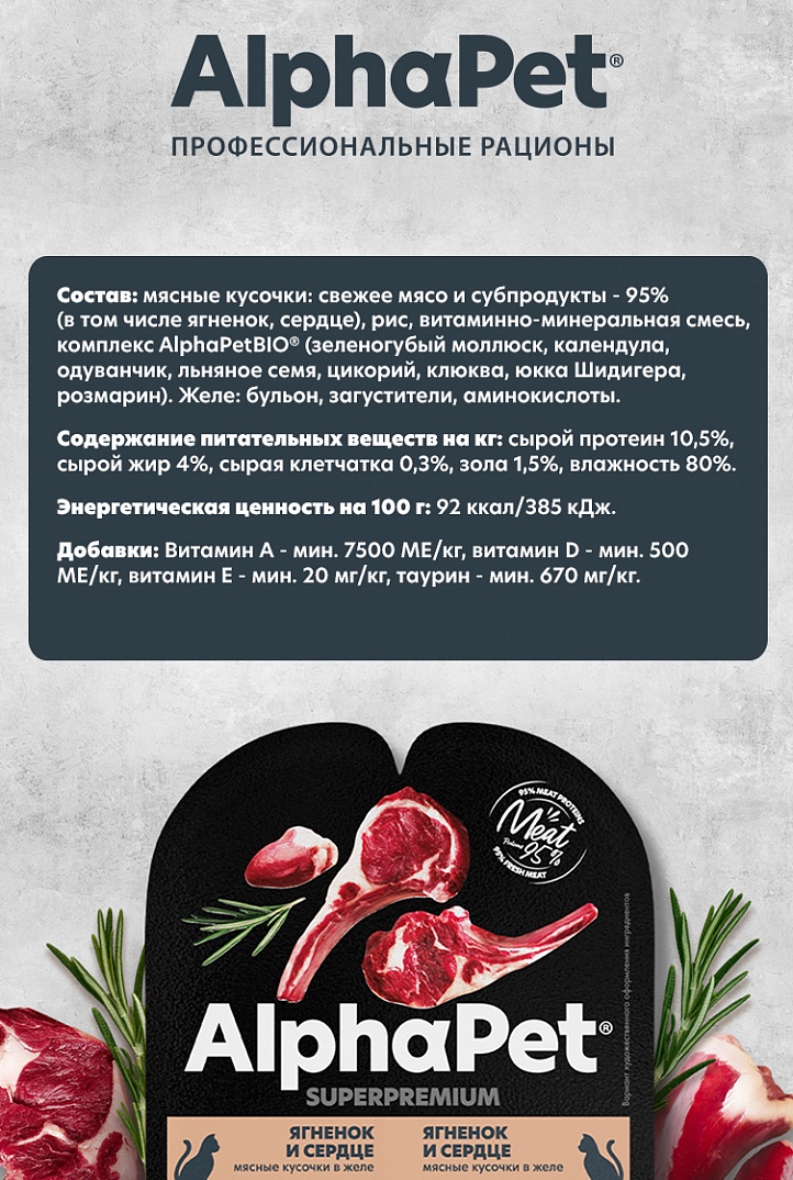 AlphaPet Superpremium Влажный корм для стерилизованных кошек, ягненок и сердце в желе, 80г 4670064652406