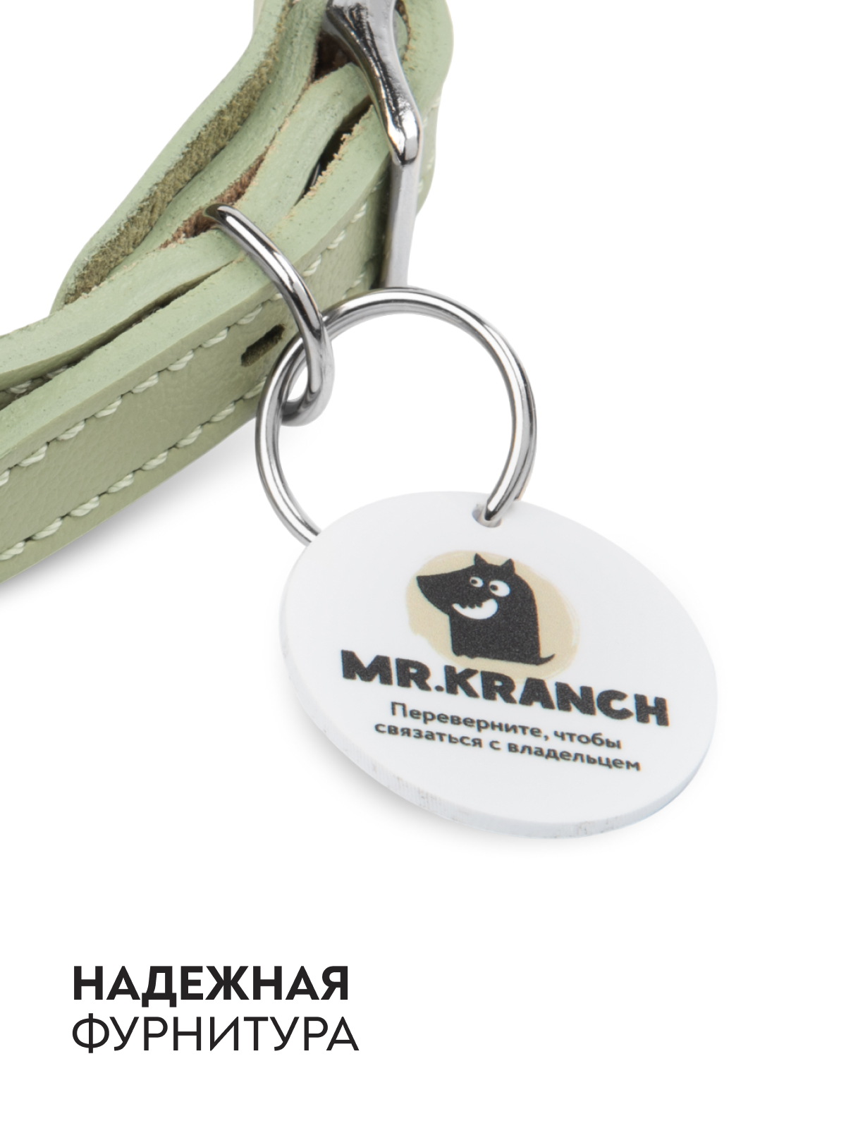 Ошейник Mr.Kranch для собак из натуральной кожи с QR-адресником, 22-26см, нежно-зеленый