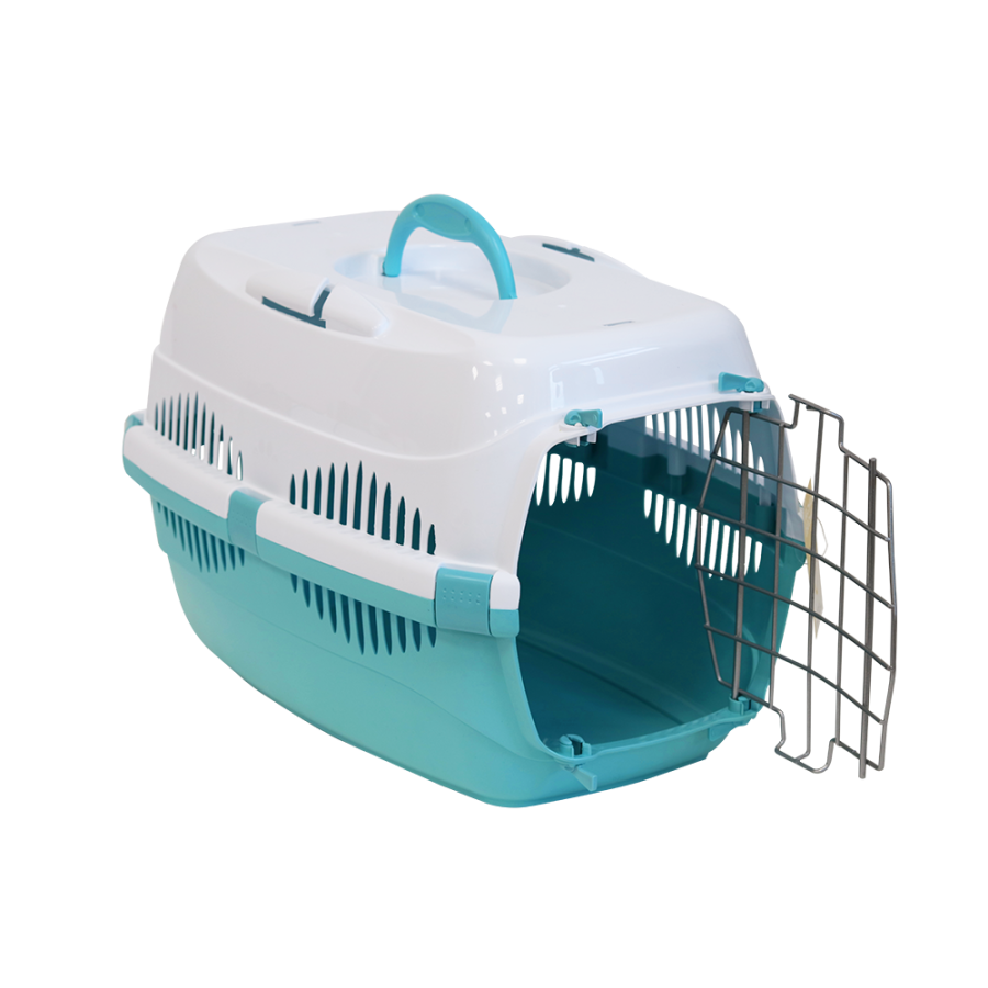 Моськи-Авоськи Переноска пластиковая с  металлической дверцей  49х33х32 см (до12 кг), цвет бирюзово-белый
