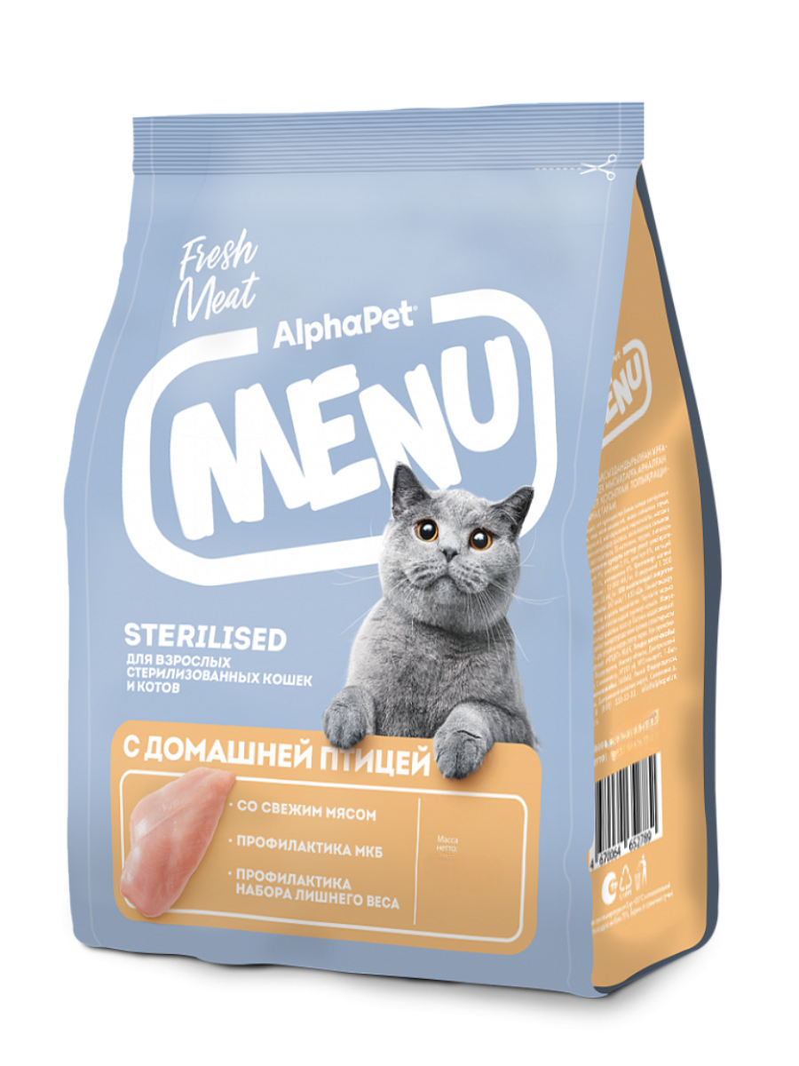 AlphaPet Альфа Пет MENU сух.д/стерилизованных кошек и котов с домашней Птицей 1,5кг 4670064652796