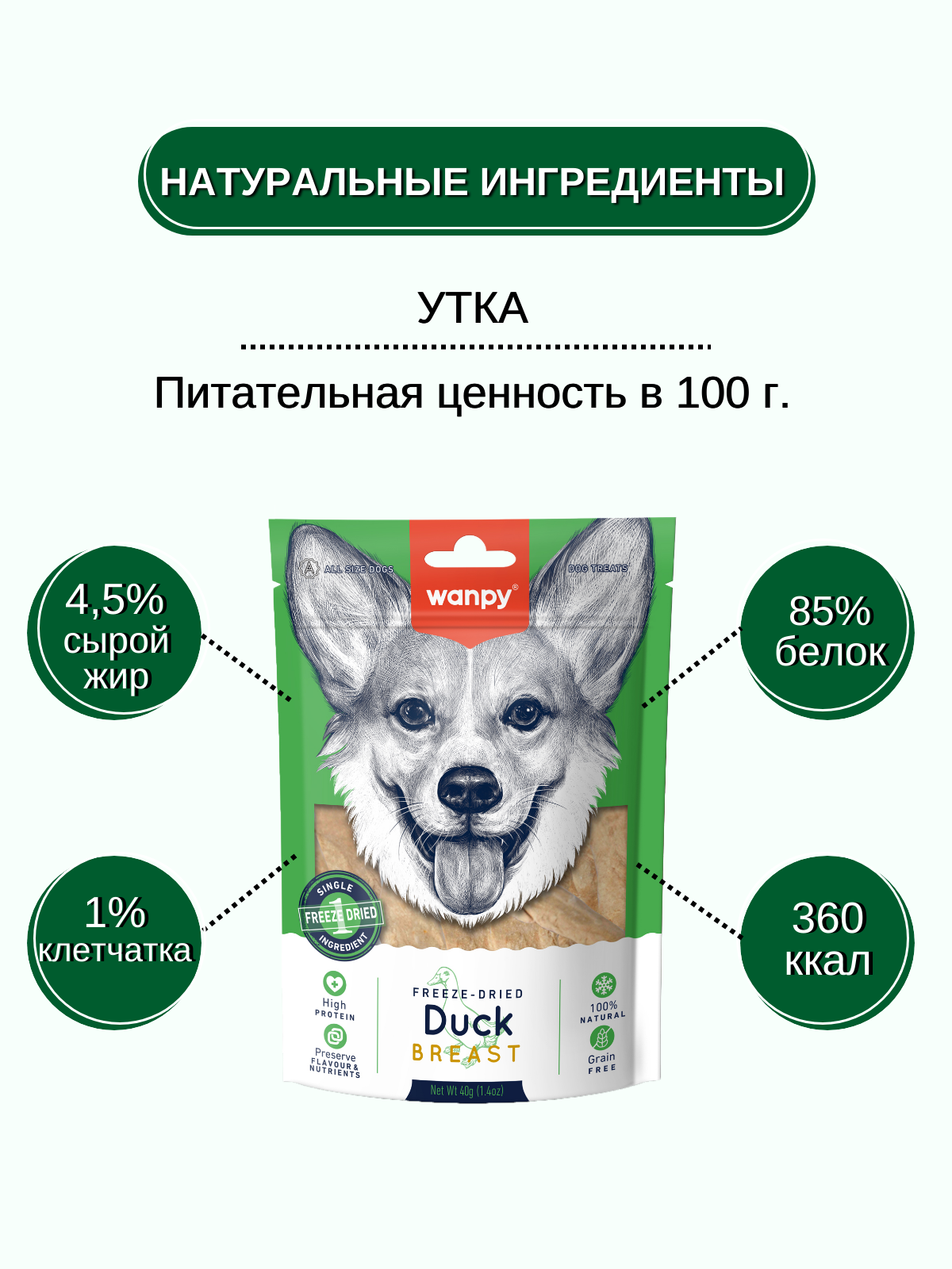 Wanpy Dog Сублимированное лакомство для собак "Утиная грудка" 40 г