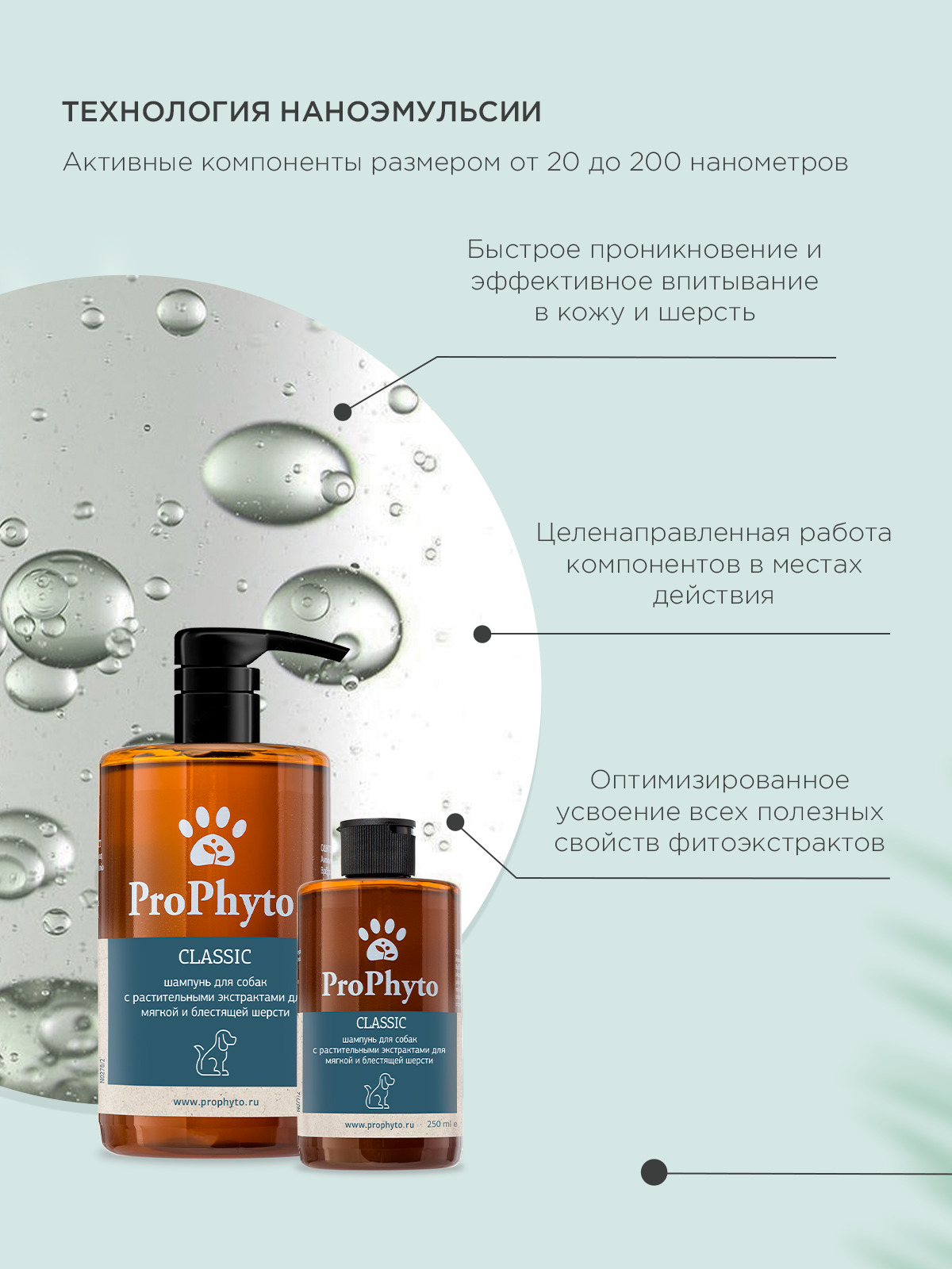 Жидкий шампунь ProPhyto CLASSIC SHAMPOO с растительными экстрактами для блеска и мягкости шерсти собак, 250 мл